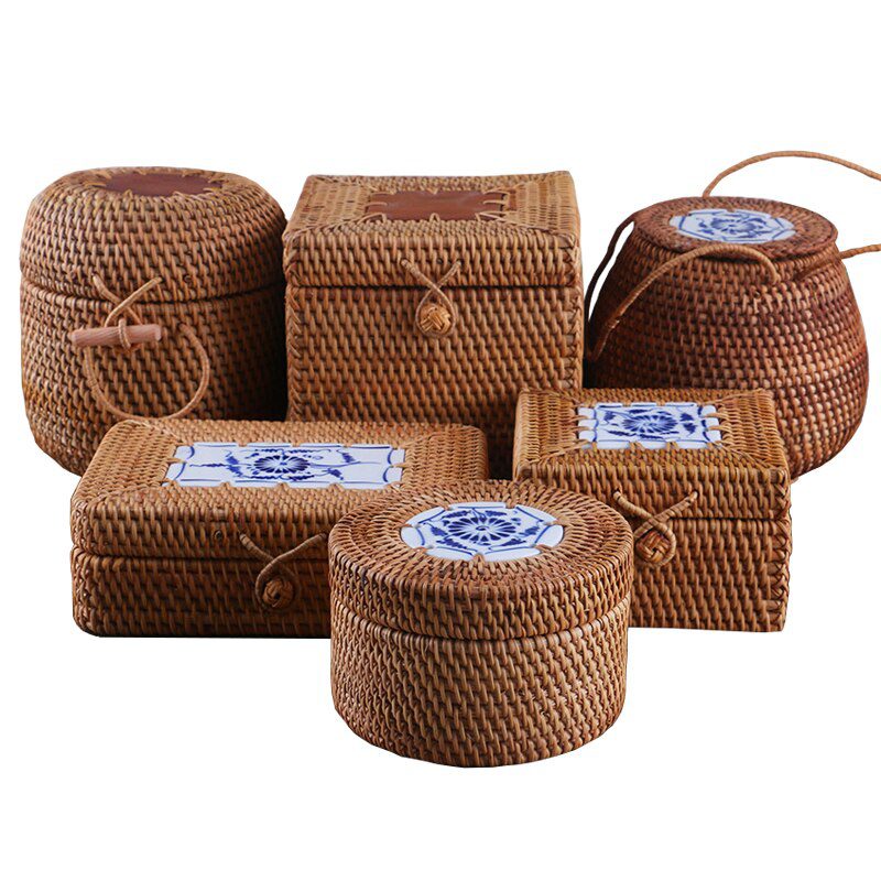 Rattan Woven Storage Box With Lid Handmade Jewelry Boxes Makeup Organizer Wooden For Sundries Puer Tea Case Containers Gift