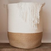Extra Large Woven Storage Baskets | 18" x 14" Decorative Blanket Basket, Use For Sofa Throws, Pillows, Towels, Toys or Nursery | Cotton Rope Organizer | Coiled Round White Laundry Hamper with handles.