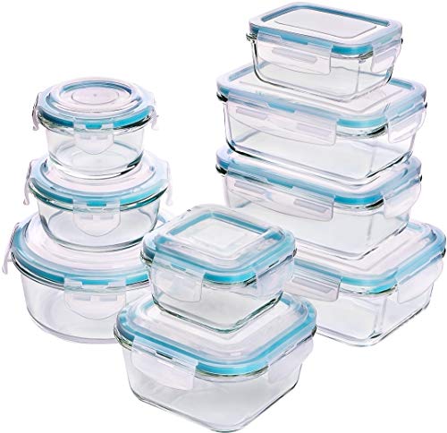Utopia Kitchen Glass Food Storage Container Set - 18 Pieces (9 Containers and 9 Lids) - Transparent Lids - BPA Free
