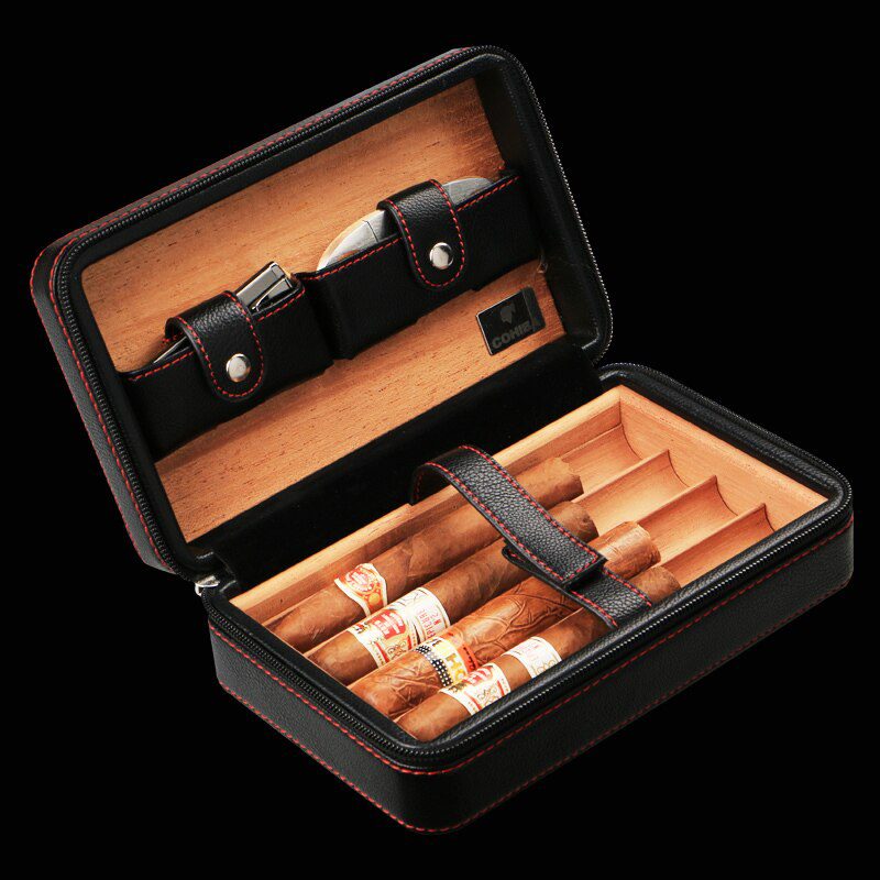 Luxury COHIBA portable genuine leather cigar bag(hold 4pcs)W/ Cigar Cutter Humidor Storage Box cigar(not include lighter)