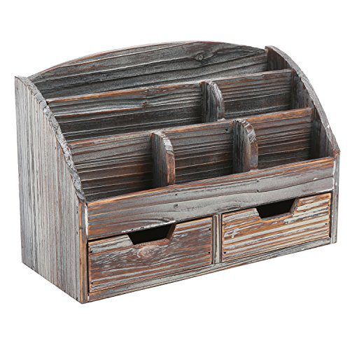 MyGift Distressed Wood Desk Organizer, 6 Compartment 2 Drawer Supplies Rack, Brown