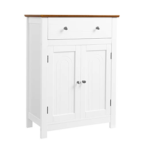VASAGLE Free Standing Bathroom Storage Cabinet with Drawer and Adjustable Shelf, Kitchen Cupboard, Wooden Entryway Floor Cabinet, 23.6" L x 11.8" W x 31.5" H, White, Brown UBBC62WT