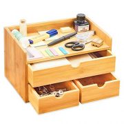 100% Natural Bamboo Wood Shelf Organizer for Desk with Drawers — Mini Desk Storage for Office Supplies, Toiletries, Crafts, etc — Great for Desk, Vanity, Tabletop in Home or Office