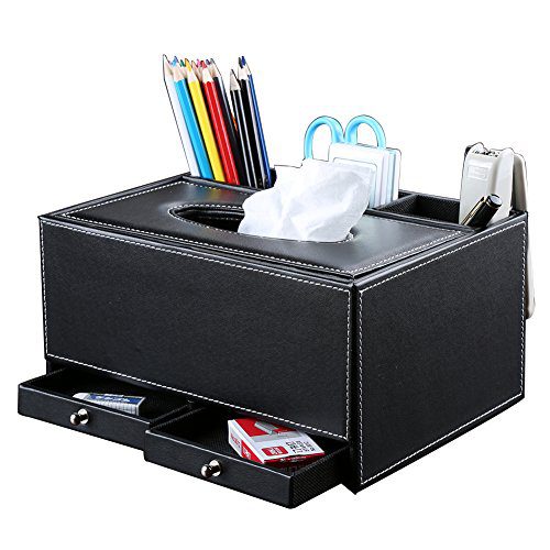 KINGFOM Creative Tissue Box Holder with 3 Compartments Holder and 2 Small Drawer, Multi-function PU leather Tissue Box Cover Desk Organizer (Classic Black)