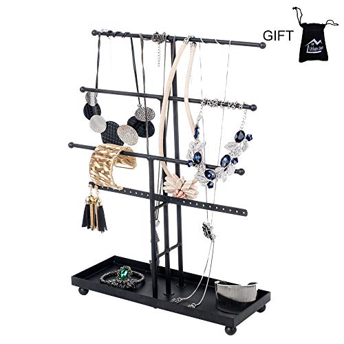 Necklace Holder 3 Plus 1 Tier Tabletop Jewelry Organizer Jewelry Stand with Ring Tray to Organize Necklaces, Bracelets, Earrings, Rings and Watches, Black