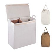 MCleanPin Collapsible Double Laundry Hamper with 2 Sorting Liners,Dirty Clothes Laundry Sorter with Lid,Removable Laundry Bags with Drawstring Closure and Handles College Dorm Room Hamper.Beige