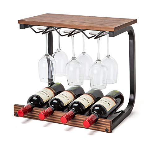 Soduku Wine Rack Wall Mounted Handmade Metal & Wood Wine Countertop Rack Wine Storage Shelf with 4 Bottle Cages & 6 Long Stem Glass (Walnut)
