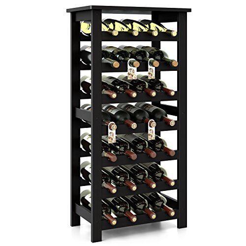 Homfa Bamboo Wine Rack, 7 Tier Free Standing Wine Storage Rack Display Shelves 28 Bottles Capacity Storage Standing Table, Wobble Free for Home Kitchen, Dark Brown