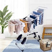 Tangkula Clothes Drying Rack, Collapsible Laundry for Sweaters Socks Underwear with Shoe Holder & 2 Shelves, Study Steel Frame Space Saving Adjustable Hanging Foldable Drying Rack (White)