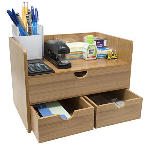 Sorbus 3-Tier Bamboo Shelf Organizer for Desk with Drawers — Mini Desk Storage for Office Supplies, Toiletries, Crafts, etc — Great for Desk, Vanity, Tabletop in Home or Office
