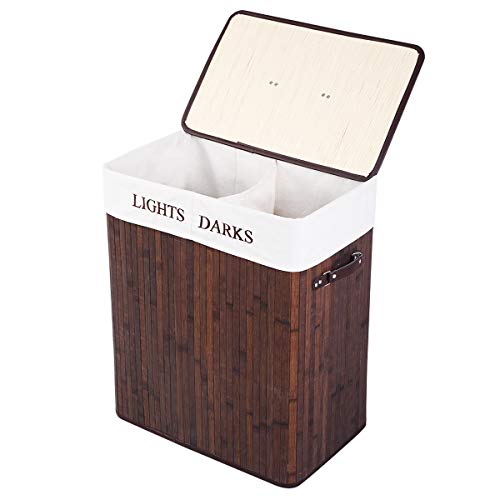 Golflame Bamboo Laundry Basket Folding, Dirty Laundry Hamper Dirty Clothes Basket Bin with Lid and Removable Liner, Two Sections with Large Storage, Handle Grip, Ideal for Bedroom Bathroom (Brown)