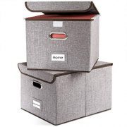 Prandom File Boxes | Collapsible Decorative Linen Filing Storage Organizer Hanging File Folders with Lids Office | LetterLegal Size | Important Document | Gray [2-Pack]