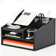 FITUEYES Wood Office Suppies Desk Organizer 5 Compartments with Letter Tray,Phone Stand,Pen Pencil Holder,Black (TR303501WB)