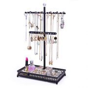 Minggoo Jewelry Tree Stand Organizer 3in1 Necklace Organizer Display Bracelet Earrings and Ring Tray Jewelry Holder Hanger Metal Black