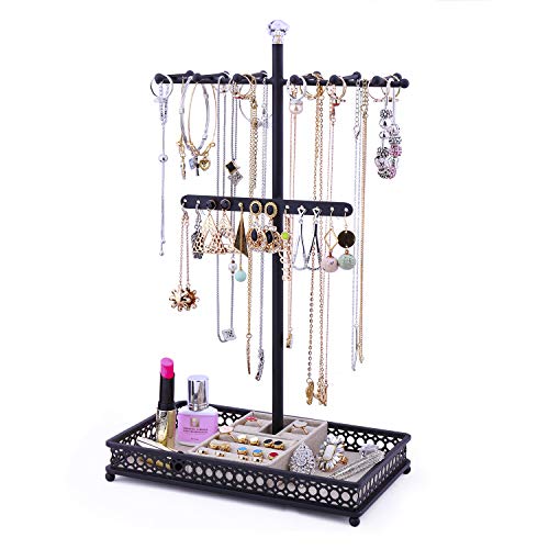 Minggoo Jewelry Tree Stand Organizer 3in1 Necklace Organizer Display Bracelet Earrings and Ring Tray Jewelry Holder Hanger Metal Black