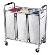 Saganizer Hamper with Wheels Rolling Cart Heavy Duty Triple Laundry Organizer/Sorter, Chrome/White