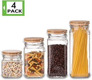 Food Storage Containers Set, Kitchen Storage Jars, Elegant Life Clear Glass Airtight Canister Set with Airtight Clamp Caps(4 Packs,5.5L)