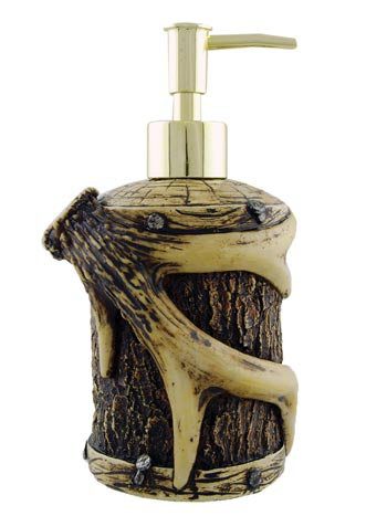 Rustic Lodge Antler Tree Bark Wood Liquid Soap Lotion Pump Dispenser, 7.5-inch, Round