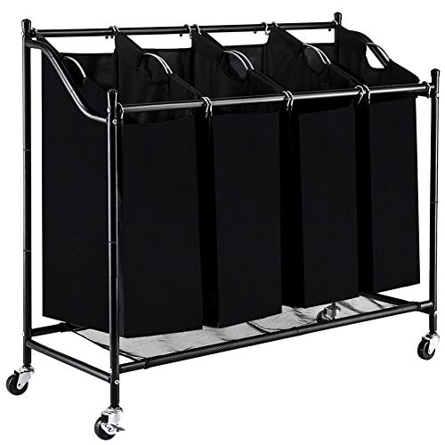 Blissun 4 Section Rolling Laundry Hamper Sorter Cart, with Removable Bags and Brake Casters (Black)