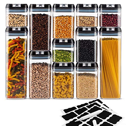 Airtight Pantry Storage Container Set of 12 + 18 Labels & Chalk Marker - Strong Heavy Duty Plastic - BPA Free - Airtight Food Storage Clear Plastic with Black Interchangeable Easy Lock Lids