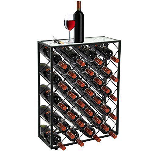 Smartxchoices 32 Bottle Wine Rack Table Heavy Sheet Glass Finish Top Free Standing Floor Wine Storage Organizer Display Shelf Wobble-Free