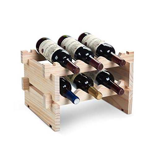 DEFWAY Wood Home Wine Rack – Stackable Storage Wine Holder 6 Bottle Display Free Standing Natural Wooden Shelf for Bar Kitchen (2-Tier Natural Wood)