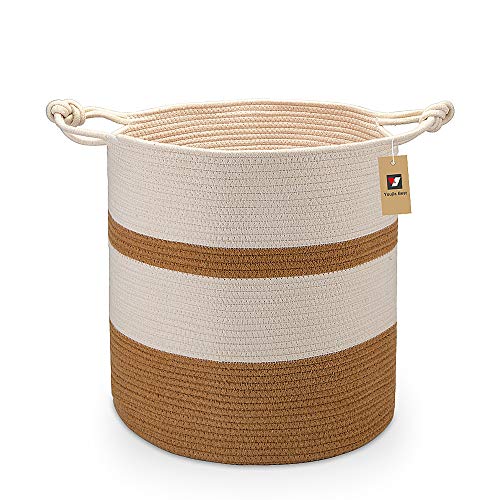 YouJia Extra Large Cotton Rope Basket 18"x16", Woven Baskets for Storing Blankets, Towels, Toys, Diapers, Books, Yoga mats, Coiled Round White - Brown Laundry Hamper with Handles