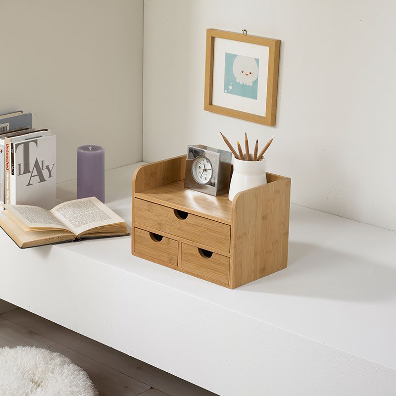Multi-Function Bamboo Table Organizer Pen Container Cosmetics Sundries Storage Box with Drawers Natural Wood Tissue Box