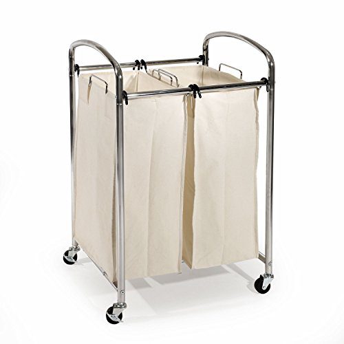 Seville Classics Mobile Double Bag Compact Laundry Hamper Sorter Cart, Chrome, UltraZinc