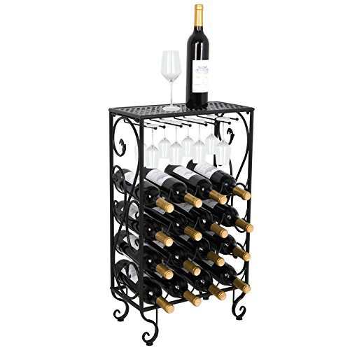 Smartxchoices 16 Bottle Wine Rack Tabletop with Glass Holder, Table Top with Glass Hanger Free Standing Wine Display Rack Storage Shelf Floor Wine Bottle Shelves