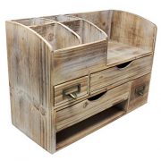 Large Adjustable Vintage Rustic Wooden Office Desk Organizer & Mail Rack For Desktop, Tabletop, or Counter – Distressed Torched Wood Storage Shelf Rack – For Office Supplies, Desk Accessories, or Mail