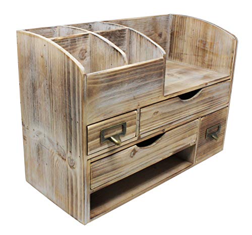Large Adjustable Vintage Rustic Wooden Office Desk Organizer & Mail Rack For Desktop, Tabletop, or Counter – Distressed Torched Wood Storage Shelf Rack – For Office Supplies, Desk Accessories, or Mail