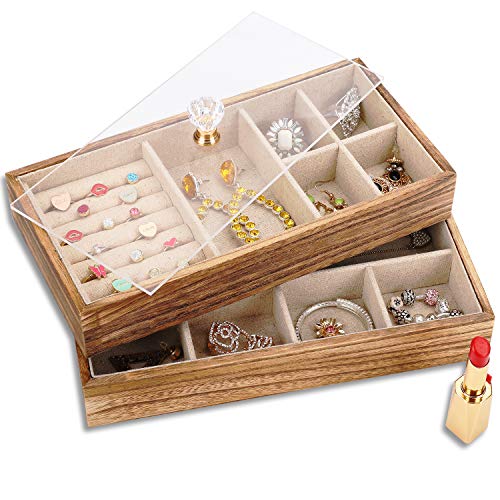 Keebofly Jewelry Tray with Lid Rustic Wood Jewelry Organizer Box