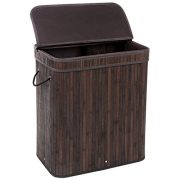 SONGMICS Divided Bamboo Laundry Basket Double Hamper with Lid Handles and Removable Liner Two-section Dirty Clothes Storage Sorter Rectangular Dark Brown ULCB64B