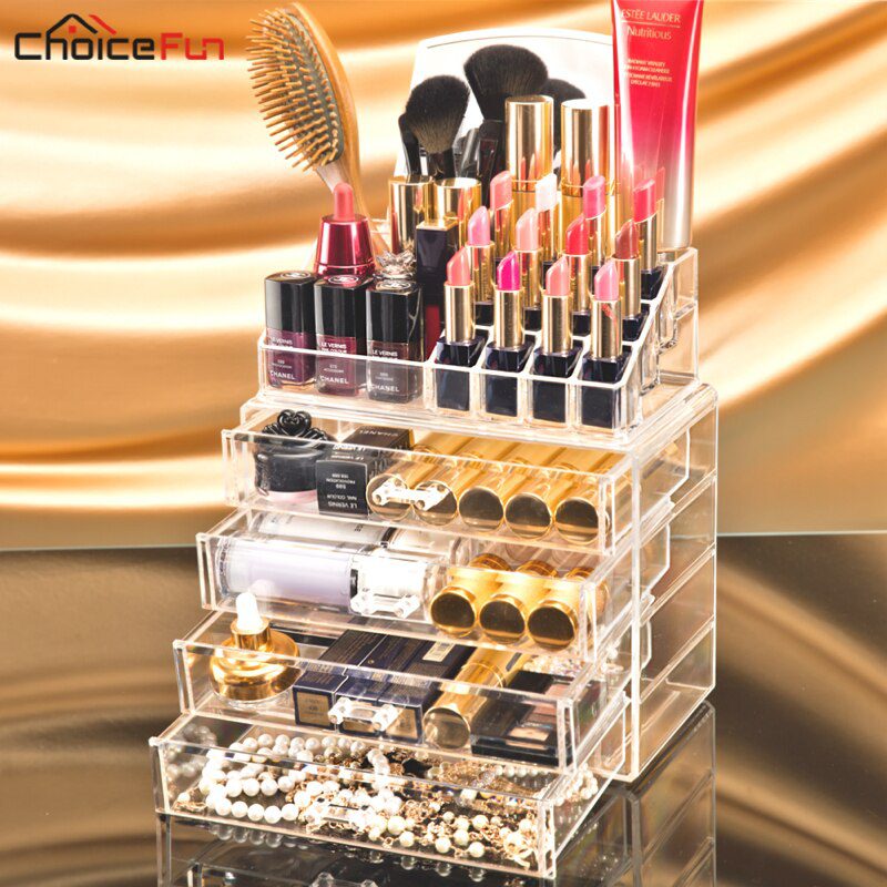 CHOICEFUN Home 4 Drawer Big Clear Lipstick Storage Box Acrilic Transparent Acrylic Make Up Cosmetic Makeup Organizer With Mirror