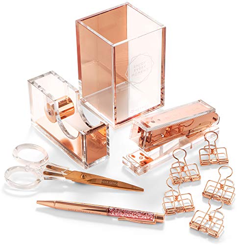 Stylish Office Desk Accessories and Supplies Kit For Women , Rose Gold - 10-Piece Desktop Accessory Set for Office, Home - Work, Writing, and Project Organizer with Copper Pen, Scissors, Stapler