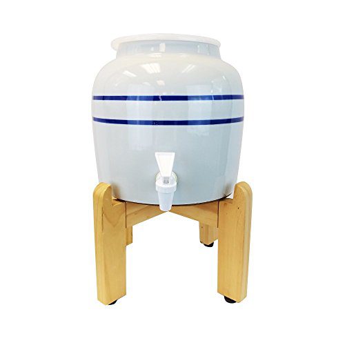 Blue Stripe Porcelain Water Crock Dispenser with a Wood Stand Fits 3 Gallon, 4 Gallon or 5 Gallon Drinking Water Bottles For Your Table or Countertop