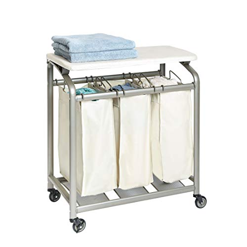 Seville Classics Mobile 3-Bag Laundry Hamper Sorter Cart with Folding Table