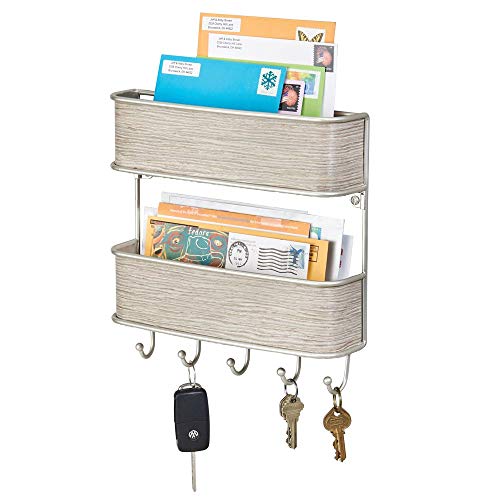 mDesign Wall Mount Metal Mail Organizer Storage Basket - 2 Tiers, 5 Hooks - for Entryway, Mudroom, Hallway, Kitchen, Office - Holds Letters, Magazines, Coats, Keys - Satin/Gray Wood Finish