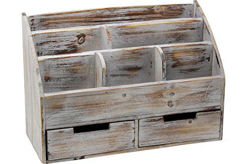 Vintage Rustic Wooden Office Desk Organizer & Mail Rack for Desktop, Tabletop, or Counter - Distressed Torched Wood – for Office Supplies, Desk Accessories, Mail
