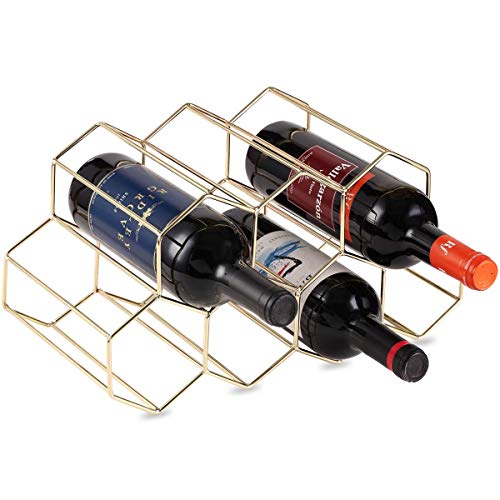 DCIGNA Gold Wine Rack Countertop, Freestanding Bottle Holder, Tabletop Wine Rack 7 Bottles - Metal Brushed Gold and Geometric Design for Cabinet Home Décor (Gold - 7 Bottles)