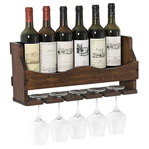 SONGMICS Wall-Mounted Wine Rack, Bamboo Bottle and Glass Holder, Holds 6 Bottles, 5 Glasses, Walnut Color UKWR11WN