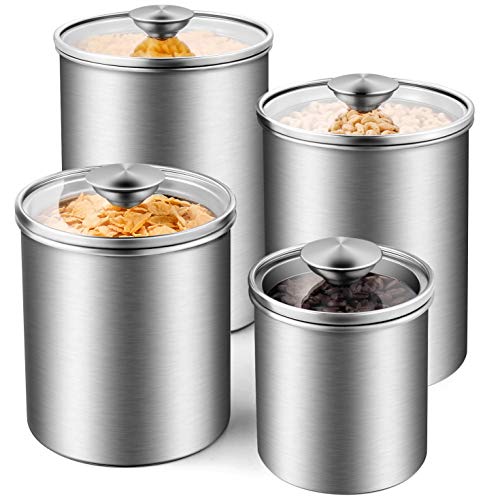 Deppon Airtight Canister Set, 4-Piece Stainless Steel Food Storage Container with Tempered Glass Lids for Kitchen Counter Coffee Tea Nuts Sugar Flour