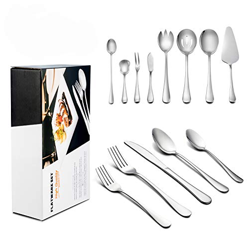 68-Piece Silverware Set with Serving Pieces, Service for 12, LIANYU Flatware Utensil Set - 100% Stainless Steel - Dishwasher Safe, Attached 8-Piece Serving Set
