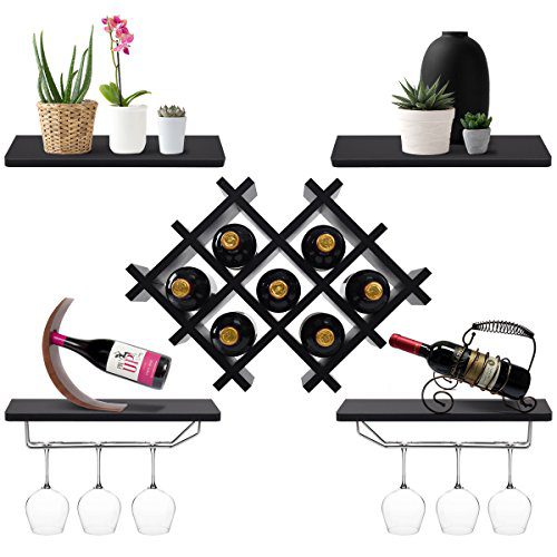 Giantex Set of 5 Wall Mount Wine Rack Set w/Storage Shelves and Glass Holder (Black)