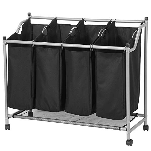 SHAREWIN 4 Bag Laundry Sorter Cart, Laundry Hamper Sorter with Heavy Duty Rolling Wheels for Clothes Storage,Black