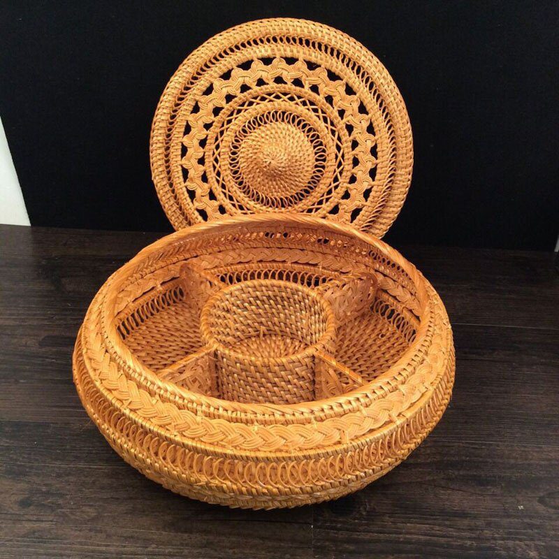 Vietnam Autumn Rattan puerh tea tin box with lid round hand-woven dried fruit storage box for snack pastry sundries best gift