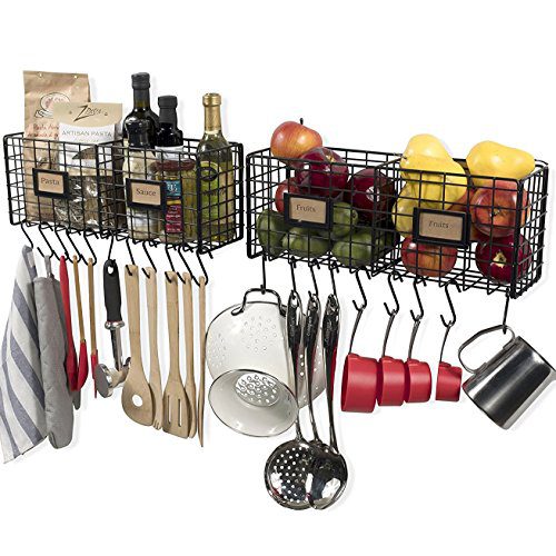 Wall35 Kitchen Storage Metal Wire Fruit Basket - Racks Wall Mounted Shaves - Space Saving Design for Pantry Organization Set of 2 with 20 Hooks Black