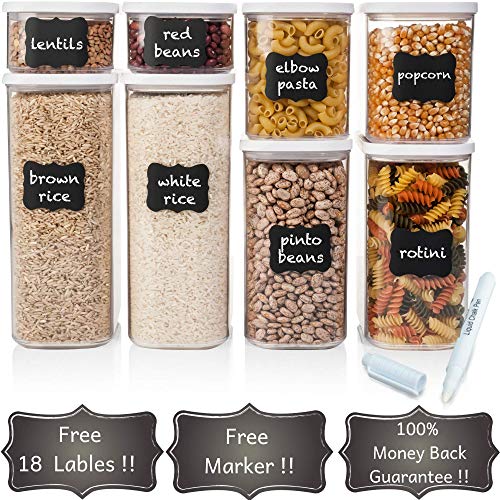 Shazo Airtight Container Set for Food Storage - 8 Piece Set + FREE 18 Chalkboard Labels - Strong Heavy Duty Plastic - BPA Free - Modular Design Storage - Clear Plastic w/Visual Window Easy Lock Lids