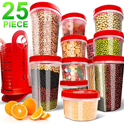 Fun Life 25-Piece Food Storage Containers BPA Free Leakproof Durable Plastic Storage Container Set with Rotating Rack Great for Flour, Sugar, Cereals Safe for Microwave/Freezer/Dishwasher (Racer Red)